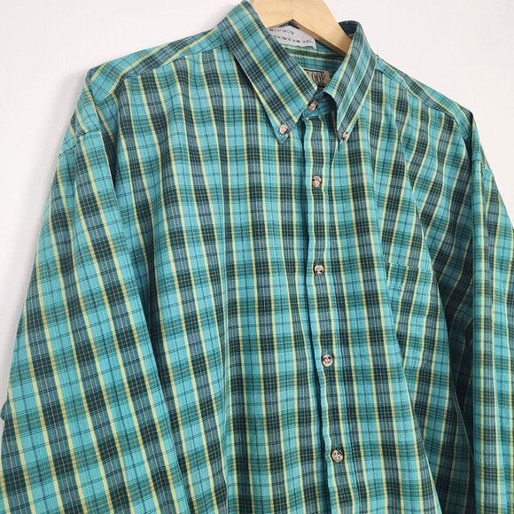 Vtg Cotton Plaid Long Sleeve Collared Button Down Shirt Turquoise Green Yellow - Picture 4 of 16
